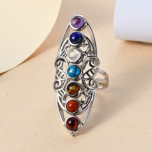 Multi Gemstone Seven Chakra Elongated Silver Ring - Picture 1 of 7